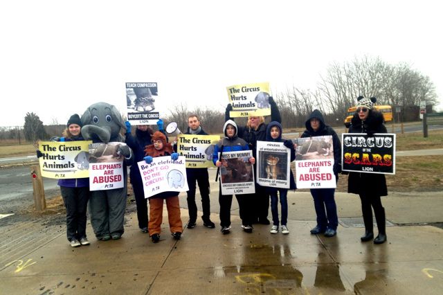 PETA and elementary school students protesting outside UniverSoul Circus in Brooklyn last Thursday